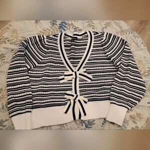 Elegant Black and White Striped Women's Cardigan